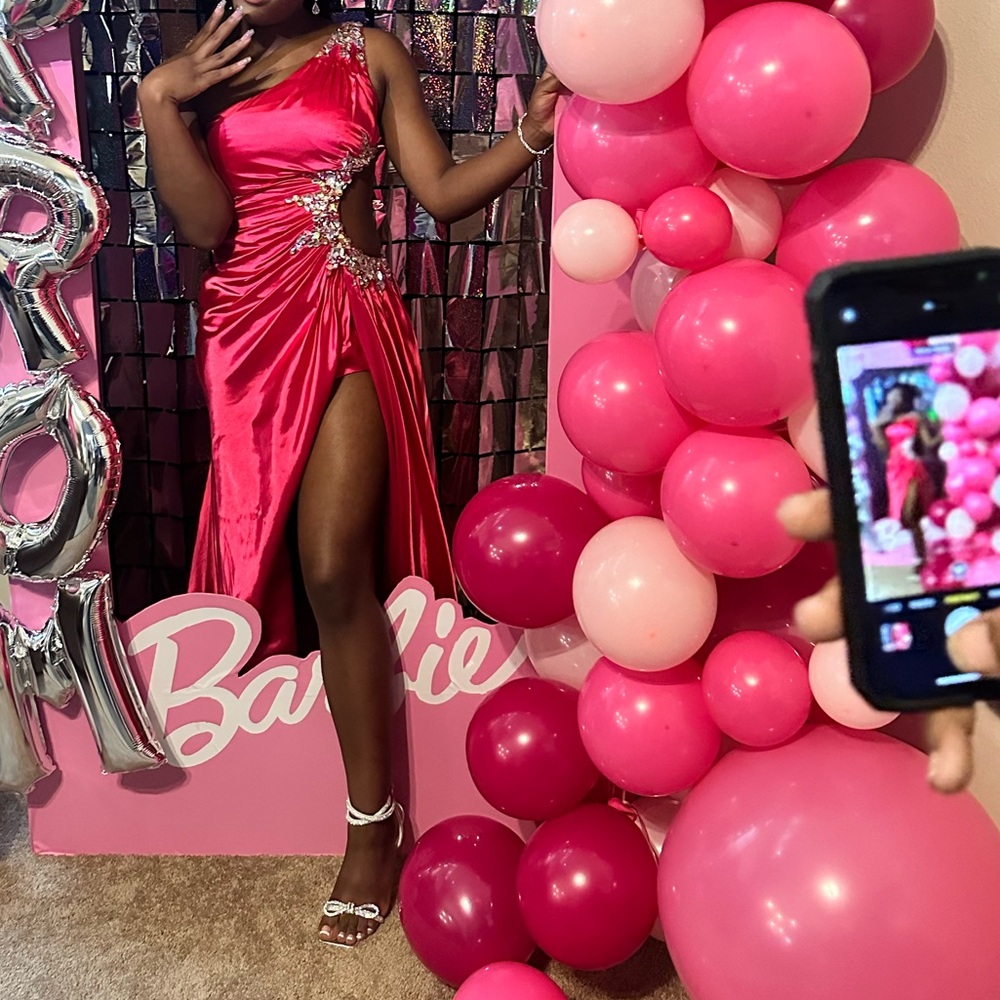 hot pink one shoulder prom dress with rhinestone detailing